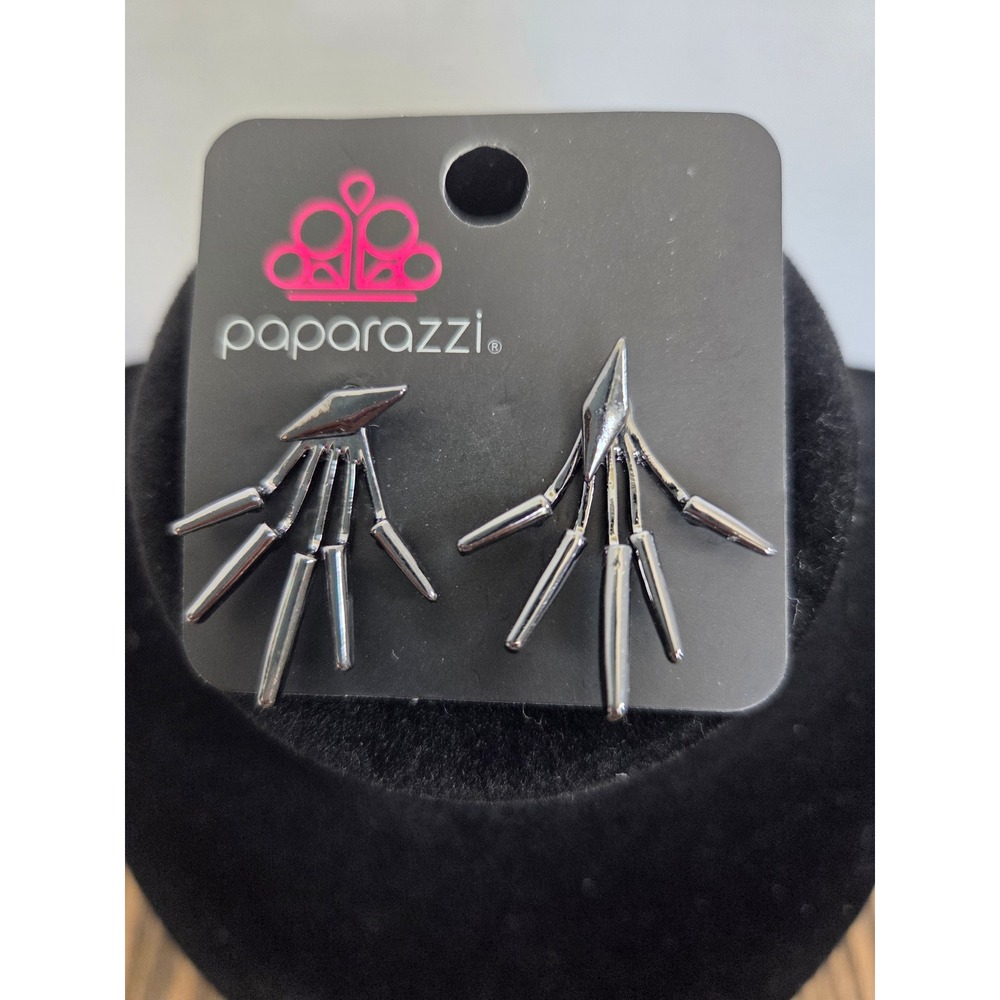 Paparazzi Gunmetal Skeleton Hand Fan Stud Earrings Edgy Gothic Jewelry